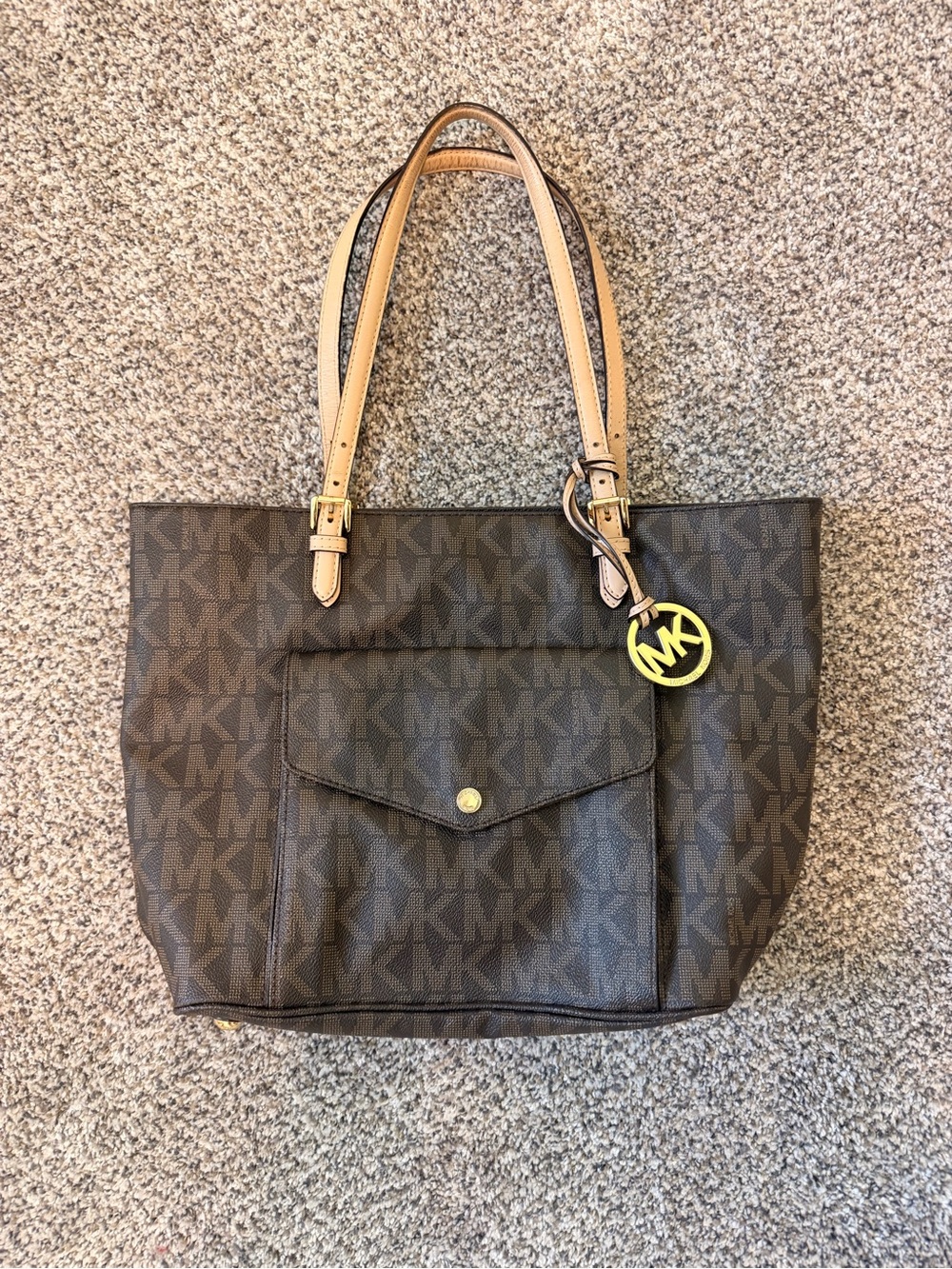 Michael Kors Brown MK Signature Tote with Tan Leather Straps